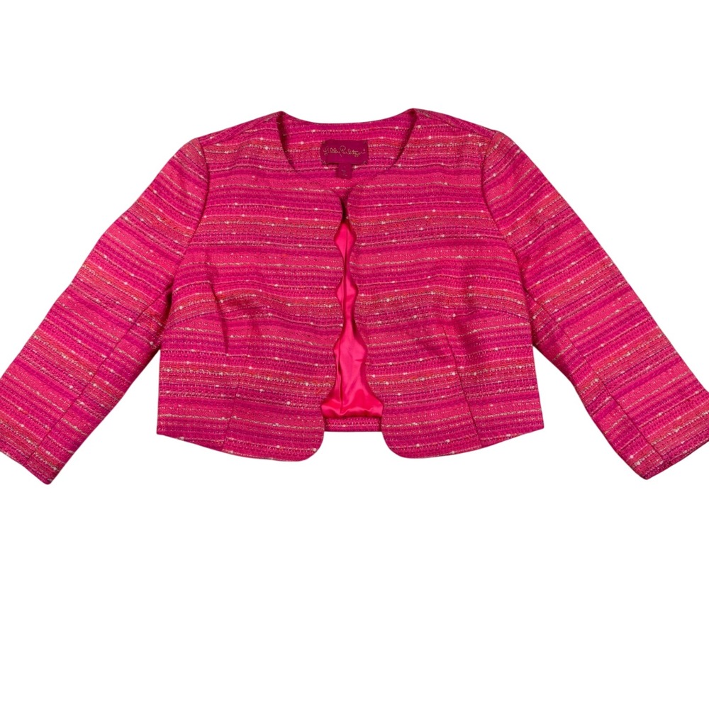 Lilly Pulitzer Pink Tweed Scalloped Cropped Jacket Gold Lurex Size 4 Tropical